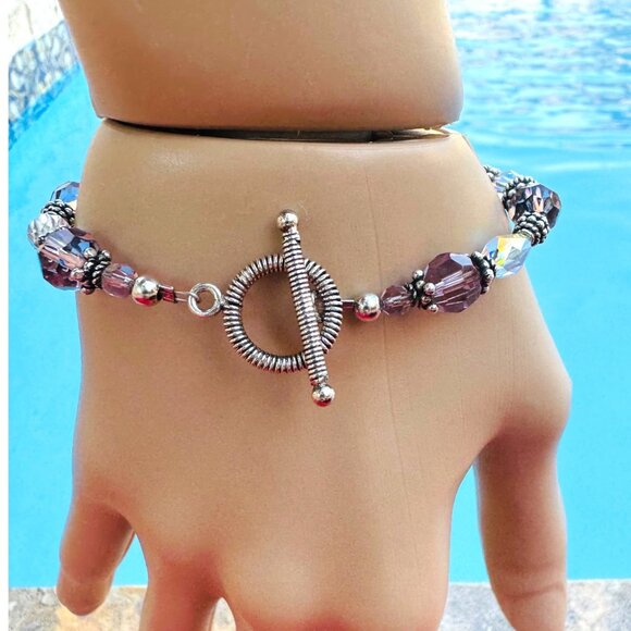 Handcrafted Lavender Crystal & Silver Bead Bracelet With Toggle Clasp - Picture 3 of 6